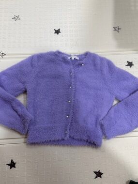 Lavender Fuzzy Pearl-Button Cardigan Sweater